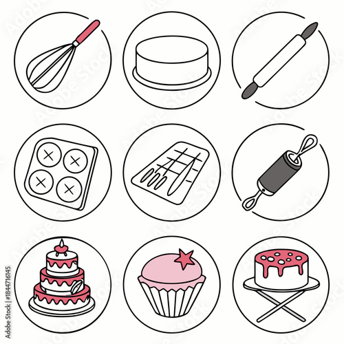 A comprehensive collection of cake decorating tools, from whisks and rolling pins to molds and finished cakes, illustrating the art of baking and confectionary creation