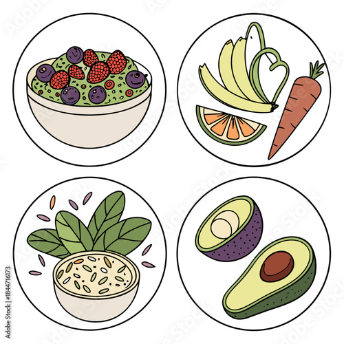 Vibrant and diverse collection of nutritious healthy food icons, showcasing fresh produce for a balanced diet and wellness promotion