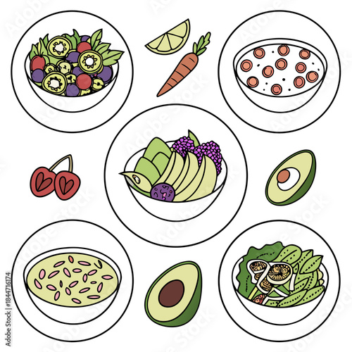A vibrant collection of healthy, plant-based food illustrations featuring fresh fruits, vegetables, and nutritious meals, perfect for a balanced diet and wellness lifestyle