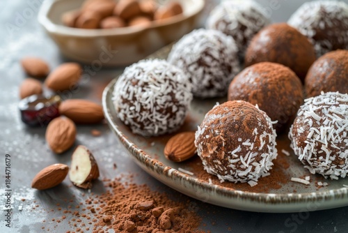 Sweet bliss balls coated in coconut, resting on rustic plate with almonds scattered around. Perfect for healthy snack or dessert, evoking cozy ambiance. Neural network AI generated