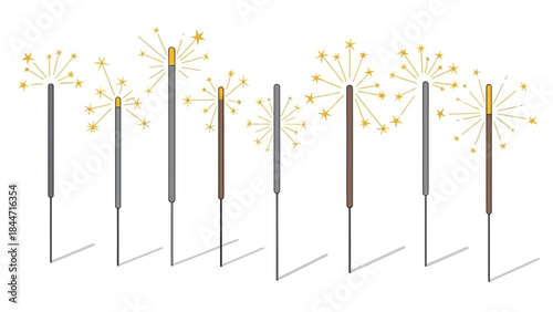 Set of Burning Sparklers with Golden Sparks and Fireworks Effects Vector