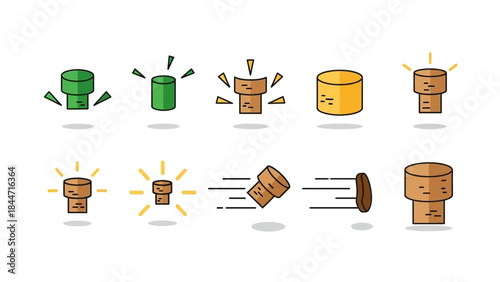 Set of Popping Wine Corks and Champagne Bottle Icon Collection Vector