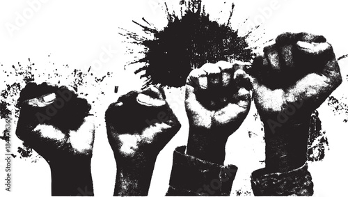 A raised fist symbolizes power and solidarity in this modern vector illustration. The monochrome design creates a strong visual impact.