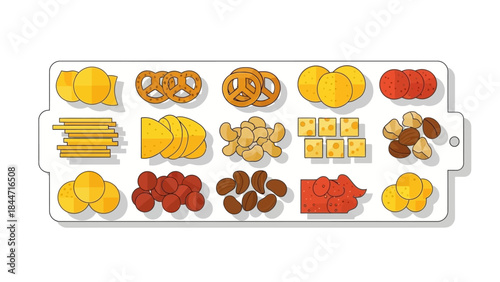 Overhead View of Party Snack Tray with Pretzels Chips Cheese and Nuts Vector