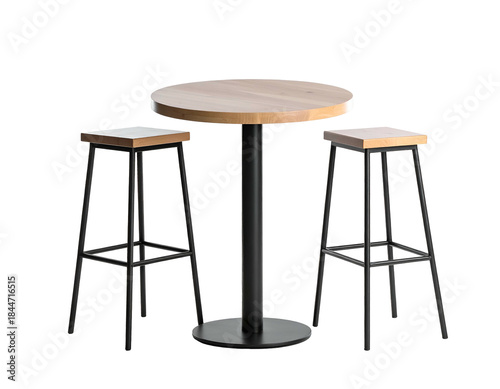 Round bistro table with two bar stools
