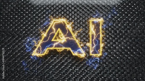 Energetic AI Concept - An "AI" text graphic shimmers with electric energy on a textured dark background. The lightning effect gives a futuristic and dynamic feel to the digital artwork.