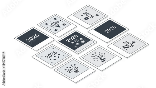 Collection of Polaroid Photo Frames with 2026 and New Year Icons Vector