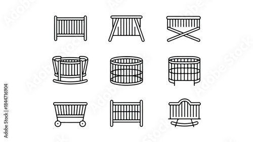 Collection of baby crib icons in line art style