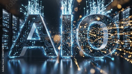 Futuristic AI Circuitry - The video shows the text "AIO" video in a futuristic style, adorned with circuitry patterns and electric blue accents.