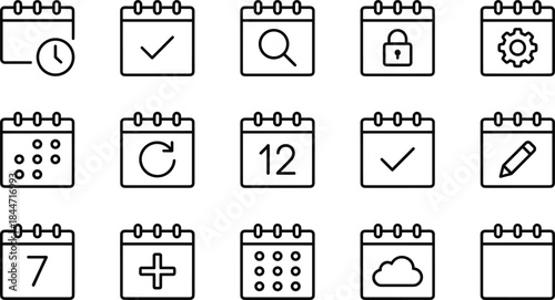 Calendar and schedule icon set featuring dates reminders search settings security events editing symbols repeat actions monthly planning tools and essential productivity elements