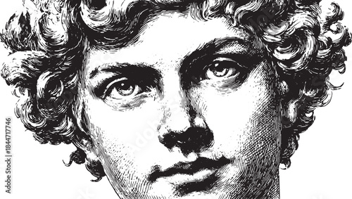 Face portrait of a male figure with curly hair. Classic engraving style vector illustration showcasing detailed lineart techniques.