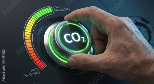 Human hand turning CO2 emissions dial to low for a greener environmental future