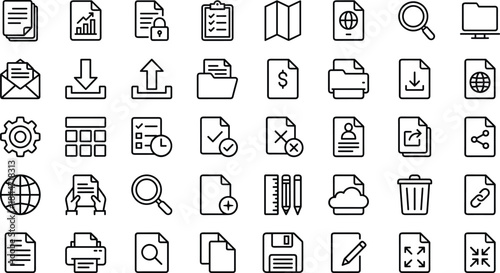 Document and office management icon set featuring files, upload download symbols, folders, search tools, settings, sharing, printing, cloud storage, analytics, and workflow elements