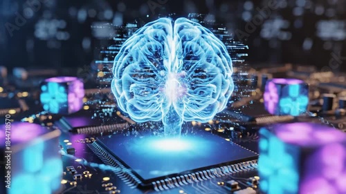 Artificial Intelligence Brain Circuitry - This close-up shot features a holographic brain hovering above a computer chip, surrounded by glowing cubes, representing artificial intelligence.