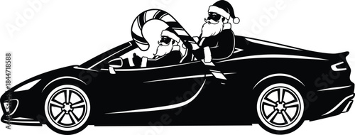 Santa silhouette, convertible car, Christmas vector, holiday humor, candy cane, sunglasses, festive ride, black figure, isolated, white background