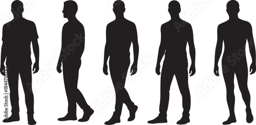 Five black male silhouettes standing and walking in various poses person