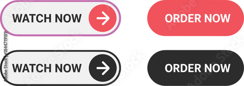 Modern call-to-action button set featuring watch now and order now icons in vibrant minimal styles for website interface and digital marketing design