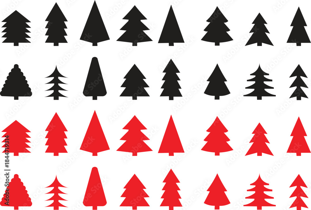 Obraz premium Collection of Red and Black Christmas Trees in Different Styles and Shapes for Festive Holiday Designs and Decorations