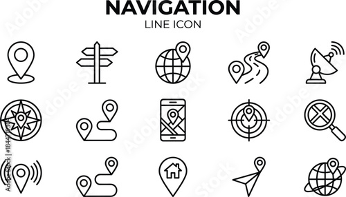 Navigation and location icon set featuring GPS routes, global positioning, map tracking, destination markers, compass direction, satellite signal, search tools, and mobile navigation elements