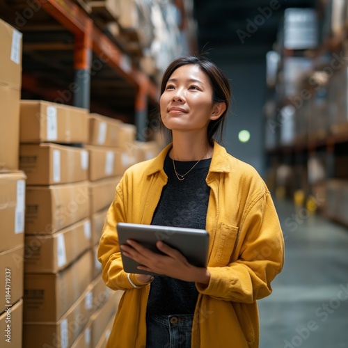 Asian woman stands in distribution warehouse using tablet for inventory and logistics planning.