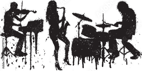 Silhouettes of musicians in a dynamic jazz band performance. Artistic vector illustration featuring a set of instruments and performers.