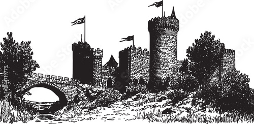 Castle tower in monochrome. Detailed vector illustration of a historic fortification surrounded by a natural landscape.