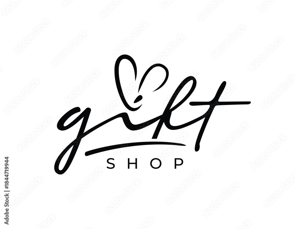 Fototapeta premium Beautiful ribbon with lettering gift shop vector logo, handwriting gift shop logo design, gift love vector logo design