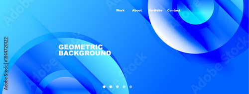 Abstract blue design features flowing shapes, text elements, navigation menu. Modern aesthetic suitable for website header or banner.