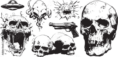 Skulls and a monster creature illustrated in black and white. The set features a gun and UFO in a horror-style vector illustration.