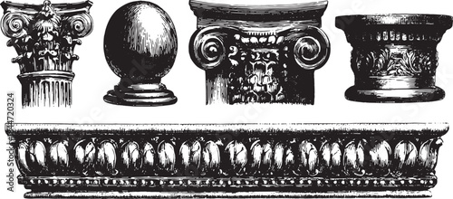 Vintage columns and decorative pillars in classic architectural design. Detailed vector illustration set depicting various stone structures.