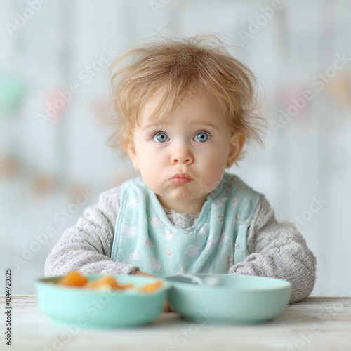 Caucasian female toddler enjoying mealtime with food in plates