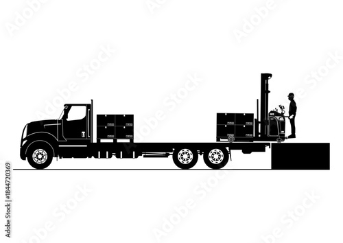 Silhouette of a forklift unloading a flatbed truck. Vector.