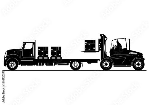 Silhouette of a forklift unloading a flatbed truck. Vector.