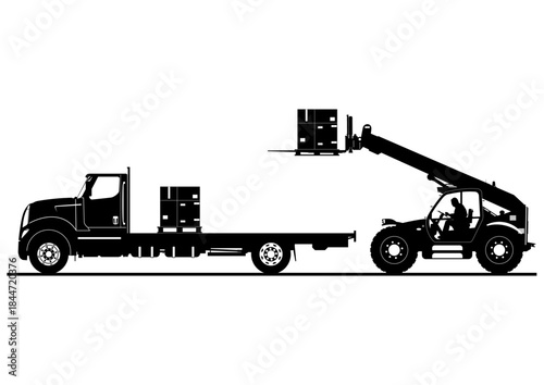 Silhouette of a forklift unloading a flatbed truck. Vector.