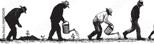 Farmer sequence for planting and watering in a field. Simple black and white vector illustration depicting the cultivation process in a set.