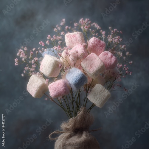 Colorful marshmallow and flower bouquet on artful background