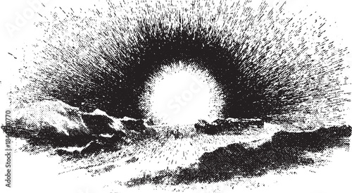 Sunlight emerging through clouds in a dramatic black and white vector illustration. This artwork features rays of light and a simple scenic design.