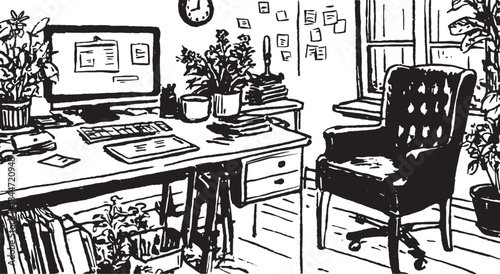 Office desk with a computer and chair. Simple plants and decor in a modern workspace, vector illustration.