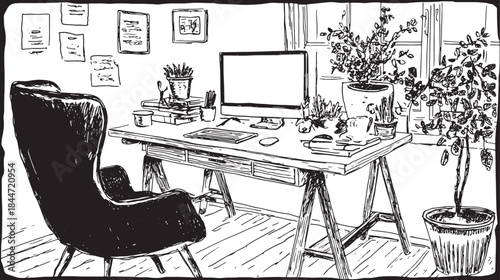 Modern workspace with a desk and computer. Features greenery and a cozy chair in a minimalist design. Vector illustration.