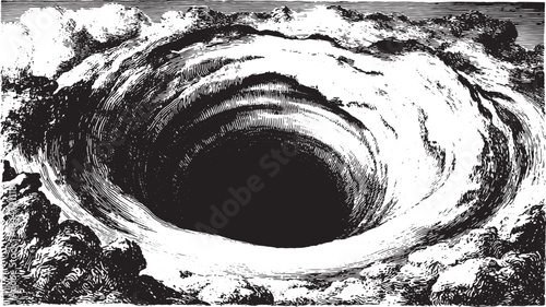 Illustration of a vortex hole in black and white. The graphic features wavy textures and a circular shape, creating an abstract vector image.