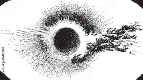 Sunlight effect with a black circle and radiation dots. Abstract vector illustration showcasing a dynamic design focused on light and contrast.