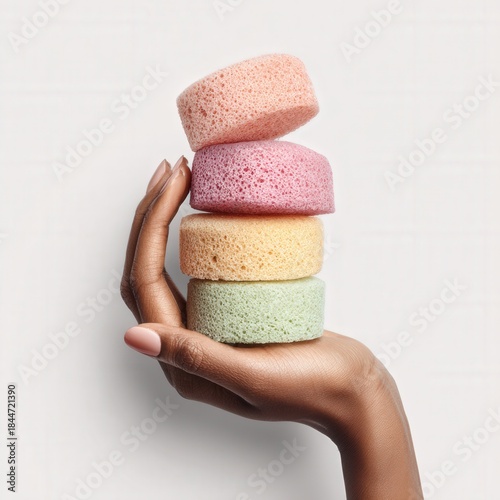 African female hand holding colorful bath sponges against white background