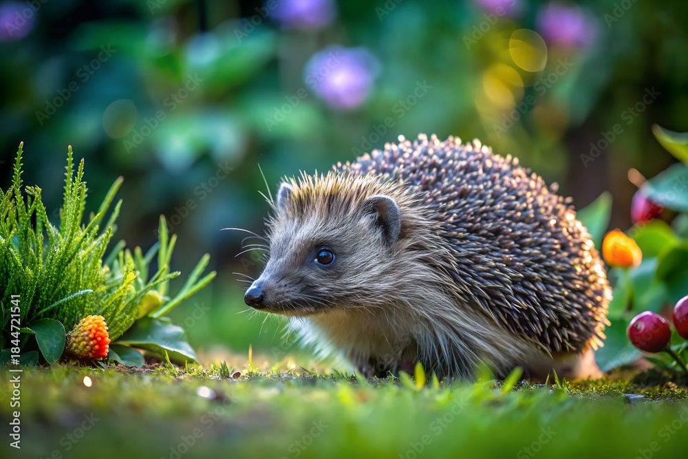 Fototapeta premium Small hedgehog on green grass among bright plants and berries in summer garden, wildlife