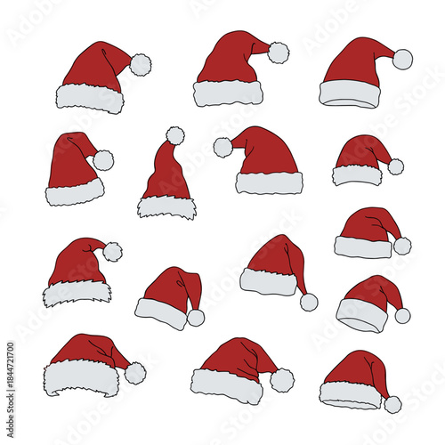 a collection of red Santa hats with fluffy white trim and pom poms arranged in various orientations to create a playful festive pattern across the image.