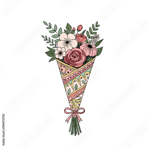 Vibrant illustrated bouquet of roses and mixed flowers arranged in a decorative patterned wrapper and tied with a pink ribbon bow for a cheerful presentation.