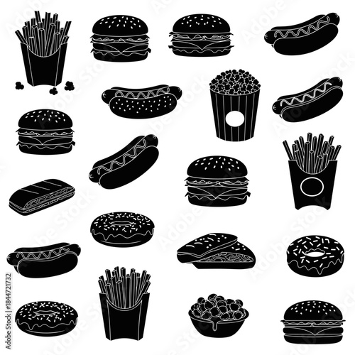 Collection of black silhouette fast food icons including burgers hot dogs fries popcorn donuts and sandwiches in a cohesive single image.