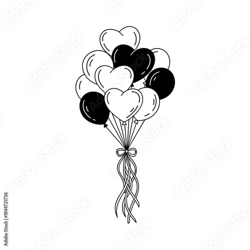 Graceful bouquet of heart shaped balloons floats upward in black and white line art symbolizing celebration love and joy for a romantic festive moment.