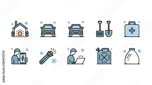 Winter car emergency kit icons