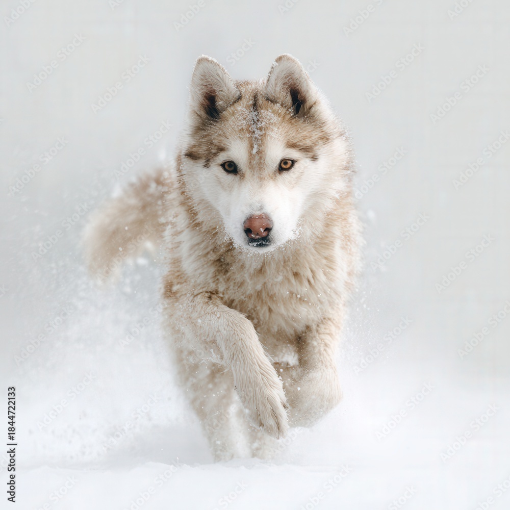 Fototapeta premium Siberian husky running through snow in winter landscape