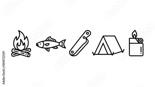 Camping icons set for outdoor adventure